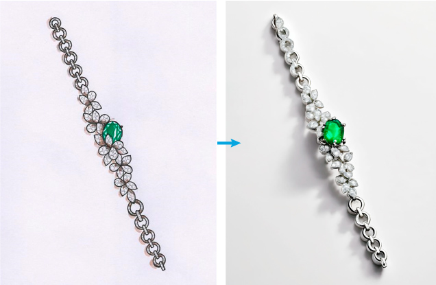 Figure 15. Hand-sketched bracelet design by Devyani Shah (left) and a Dzine.ai “rendering” (right) created using the sketch along with the text prompt “white gold bracelet with pave set diamonds in leaf-shaped clusters. A large oval emerald is set in the center of the bracelet. Art Deco inspiration. Photorealistic rendering. Dazzling light reflection on the gems. Neutral background.” Figure 15. Hand-sketched bracelet design by Devyani Shah (left) and a Dzine.ai “rendering” (right) created using the sketch along with the text prompt “white gold bracelet with pave set diamonds in leaf-shaped clusters. A large oval emerald is set in the center of the bracelet. Art Deco inspiration. Photorealistic rendering. Dazzling light reflection on the gems. Neutral background.”