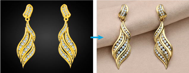 Figure 16. Digital sketch (left) and a Dzine.ai “rendering” (right) using the original image and adding the text prompt “intricate yellow gold earrings, adorned with scintillating diamonds, dangle elegantly from the ear, their wavy design evoking a sense of fluidity, as if dancing in the light; photorealistic rendering, the warm golden hue and flecks of diamond sparkle radiating a sun-kissed glow, perfect for a summer evening soiree or a vintage-inspired bridal look, with hints of Art Deco sophistication and bohemian flair, every detail meticulously captured in the rendering's subtle nuances.” Figure 16. Digital sketch (left) and a Dzine.ai “rendering” (right) using the original image and adding the text prompt “intricate yellow gold earrings, adorned with scintillating diamonds, dangle elegantly from the ear, their wavy design evoking a sense of fluidity, as if dancing in the light; photorealistic rendering, the warm golden hue and flecks of diamond sparkle radiating a sun-kissed glow, perfect for a summer evening soiree or a vintage-inspired bridal look, with hints of Art Deco sophistication and bohemian flair, every detail meticulously captured in the rendering's subtle nuances.”