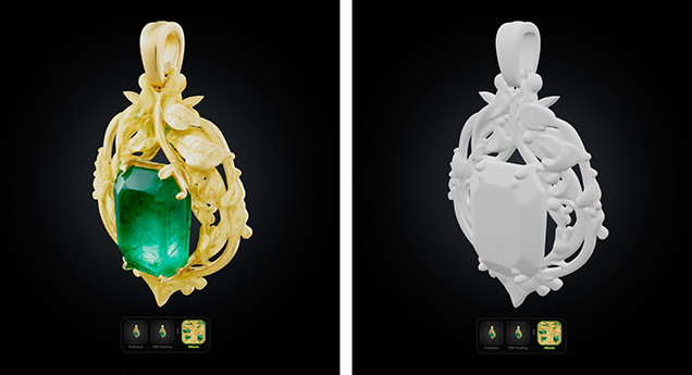 Figure 18. Images from Meshy.AI using the prompt “green emerald amulet, yellow gold, high detail, organic leaf and vine design.” This program creates fully three-dimensional models from a text prompt, as opposed to the flat 2D images of other programs. Some of the finer details are “painted” onto the model with a colored image that is applied to a simpler 3D object. Finer details suggest that the gem and pendant are separate objects (left). The same object with the colored image removed (right) reveals the actual 3D geometry created. Note that the gem and pendant are actually one object painted as different materials. Figure 18. Images from Meshy.AI using the prompt “green emerald amulet, yellow gold, high detail, organic leaf and vine design.” This program creates fully three-dimensional models from a text prompt, as opposed to the flat 2D images of other programs. Some of the finer details are “painted” onto the model with a colored image that is applied to a simpler 3D object. Finer details suggest that the gem and pendant are separate objects (left). The same object with the colored image removed (right) reveals the actual 3D geometry created. Note that the gem and pendant are actually one object painted as different materials.