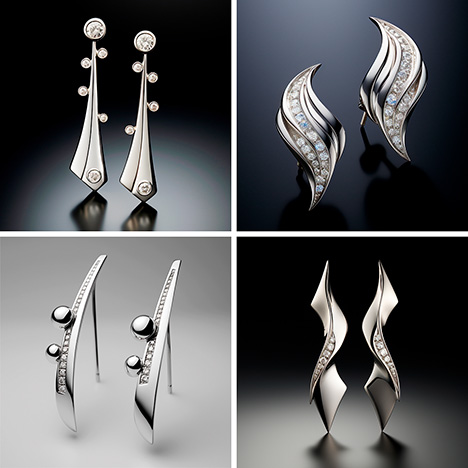 Figure 2. Images from Midjourney 5.2 using the prompt “a pair of white gold earrings displaying a sense of asymmetrical balance.” Figure 2. Images from Midjourney 5.2 using the prompt “a pair of white gold earrings displaying a sense of asymmetrical balance.”