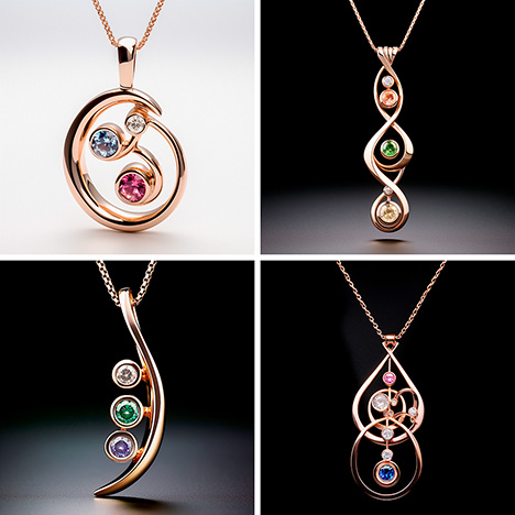 Figure 3. Images generated by Midjourney 5.2 from the prompt “a rose gold pendant with contrasting round gems.” Figure 3. Images generated by Midjourney 5.2 from the prompt “a rose gold pendant with contrasting round gems.”
