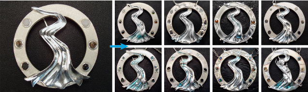 Figure 8. Left: A sterling silver “River” brooch by Dolmen Metalworks featuring Mississippi River stone cabochons. Photo by Michael Magee. Right: Eight necklace variations created in Dream Studio SDXL v1.0 using the prompt “silver necklace, water motif, sandblast and high-polish, cabochons.” The sixth image was generated without stones. Figure 8. Left: A sterling silver “River” brooch by Dolmen Metalworks featuring Mississippi River stone cabochons. Photo by Michael Magee. Right: Eight necklace variations created in Dream Studio SDXL v1.0 using the prompt “silver necklace, water motif, sandblast and high-polish, cabochons.” The sixth image was generated without stones.