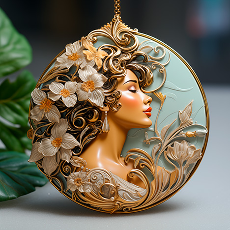 Figure 9. Pendant design from Midjourney 5.2, using the prompt “enamel and yellow gold pendant, Alphonse Mucha style, Art Nouveau, African American woman in profile, on a background of flowers, sketch on white paper, drawn by a master designer.” Figure 9. Pendant design from Midjourney 5.2, using the prompt “enamel and yellow gold pendant, Alphonse Mucha style, Art Nouveau, African American woman in profile, on a background of flowers, sketch on white paper, drawn by a master designer.”