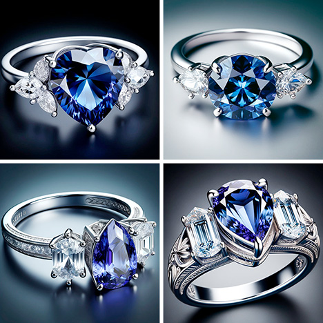 Figure A-3. Images generated by DALL.E 3 using the prompt “create a photorealistic image of a platinum three-stone ring, with a tanzanite center gem and diamond side gems.” These images show some detail and creativity in the designs and feature a wider variety of gem shapes. However, in the bottom left image, some of the details are poorly defined, such as the milgrain along the channel setting, the engraving on the inside of the shank, and the detail on the sides of the pear setting. In all of the images, the colors are reasonably accurate for the materials. The images are less photorealistic and more closely resemble digital renderings from a CAD program. This stylistic rendering seems to be consistent across images created with DALL.E. Figure A-3. Images generated by DALL.E 3 using the prompt “create a photorealistic image of a platinum three-stone ring, with a tanzanite center gem and diamond side gems.” These images show some detail and creativity in the designs and feature a wider variety of gem shapes. However, in the bottom left image, some of the details are poorly defined, such as the milgrain along the channel setting, the engraving on the inside of the shank, and the detail on the sides of the pear setting. In all of the images, the colors are reasonably accurate for the materials. The images are less photorealistic and more closely resemble digital renderings from a CAD program. This stylistic rendering seems to be consistent across images created with DALL.E.