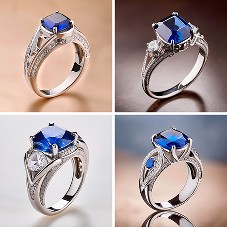 Figure A-5. Images generated by Adobe Firefly 2. These rings are less accurate depictions of the “three-stone ring” concept given in the prompt—particularly the top left image, which has no side stones at all. The desired materials, tanzanite and platinum, are also poorly depicted and could easily be confused for blue sapphire and white gold. Upon closer inspection, the center “tanzanite” gems show an oversimplified faceting pattern not common in commercial cuts. The bottom right ring also appears to be slightly out of round. These inaccuracies are likely due to the smaller amount of jewelry-specific training data available to Firefly. Figure A-5. Images generated by Adobe Firefly 2. These rings are less accurate depictions of the “three-stone ring” concept given in the prompt—particularly the top left image, which has no side stones at all. The desired materials, tanzanite and platinum, are also poorly depicted and could easily be confused for blue sapphire and white gold. Upon closer inspection, the center “tanzanite” gems show an oversimplified faceting pattern not common in commercial cuts. The bottom right ring also appears to be slightly out of round. These inaccuracies are likely due to the smaller amount of jewelry-specific training data available to Firefly.