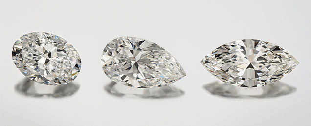 Figure 1. Oval-, pear-, and marquise-shaped diamonds show more complex appearance patterns than standard round brilliants. Photos by Jian Xin (Jae) Liao. Figure 1. Oval-, pear-, and marquise-shaped diamonds show more complex appearance patterns than standard round brilliants. Photos by Jian Xin (Jae) Liao.