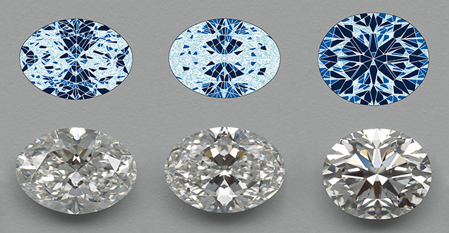 Figure 12. These oval diamonds are attractive—bright, fiery, and scintillating—yet the differences in their appearance patterns are profound, as displayed by the details in the virtual facet maps. Therefore, individual taste becomes an important factor for a grading system to acknowledge. Figure 12. These oval diamonds are attractive—bright, fiery, and scintillating—yet the differences in their appearance patterns are profound, as displayed by the details in the virtual facet maps. Therefore, individual taste becomes an important factor for a grading system to acknowledge.