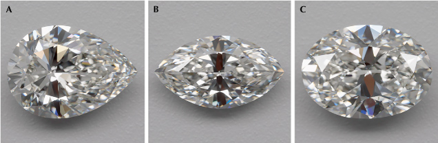 Figure 2. The patterns seen in oval-, pear-, and marquise-shaped diamonds often include a bow tie and areas of crushed ice. A: Pear shape RD133 shows a thin bow tie across the belly and small crushed ice in the point. B: Marquise RD101 displays a medium bow tie and medium to small crushed ice in both points. C: Oval RD118 has a strong bow tie and two arcs of medium to small crushed ice. Figure 2. The patterns seen in oval-, pear-, and marquise-shaped diamonds often include a bow tie and areas of crushed ice. A: Pear shape RD133 shows a thin bow tie across the belly and small crushed ice in the point. B: Marquise RD101 displays a medium bow tie and medium to small crushed ice in both points. C: Oval RD118 has a strong bow tie and two arcs of medium to small crushed ice.