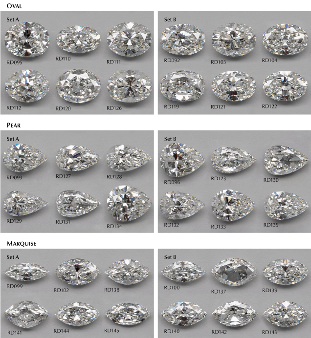Figure 3. These virtual images display the 36 research diamonds used for observations, grouped into sets A and B for each shape. They range in size from 0.33 to 0.86 ct, have color grades between D and K, and have clarities between VVS2 and I1. Table 1 contains size and grading-report information for each diamond. The images were created with a proprietary rendering configuration, mimicking the DiamondDock environment. Still virtual images and videos of these stones in motion are available in the Data Repository. Figure 3. These virtual images display the 36 research diamonds used for observations, grouped into sets A and B for each shape. They range in size from 0.33 to 0.86 ct, have color grades between D and K, and have clarities between VVS2 and I1. Table 1 contains size and grading-report information for each diamond. The images were created with a proprietary rendering configuration, mimicking the DiamondDock environment. Still virtual images and videos of these stones in motion are available in the Data Repository.