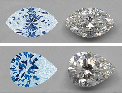 Figure 4. Virtual facet maps of marquise RD197 and pear RD125 are displayed next to virtual images of the stones they represent. In these maps, color is used to classify the size of virtual facets, from small to large: light blue (0.10 mm). These examples demonstrate how the virtual facet maps condense the dynamic face-up appearance of a diamond into a static distribution map. Figure 4. Virtual facet maps of marquise RD197 and pear RD125 are displayed next to virtual images of the stones they represent. In these maps, color is used to classify the size of virtual facets, from small to large: light blue (0.10 mm). These examples demonstrate how the virtual facet maps condense the dynamic face-up appearance of a diamond into a static distribution map.