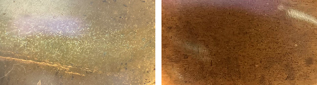 Figure 4. Similar inclusions observed in a 2.89 ct lighter colored four-rayed star peridot (left) and a 3.56 ct darker colored four-rayed star peridot (right) studied for comparison. Photomicrographs by Lore Kiefert; fields of view approximately 2.0 mm (left) and 1.8 mm (right). Figure 4. Similar inclusions observed in a 2.89 ct lighter colored four-rayed star peridot (left) and a 3.56 ct darker colored four-rayed star peridot (right) studied for comparison. Photomicrographs by Lore Kiefert; fields of view approximately 2.0 mm (left) and 1.8 mm (right).