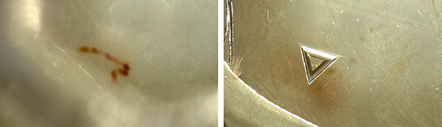 Figure 2. Brown stains near the surface (left) and a trigon on the octahedral face (right) of the diamond. Photomicrographs by Cristiano Ferraris; fields of view 2.43 mm (left) and 1.82 mm (right).