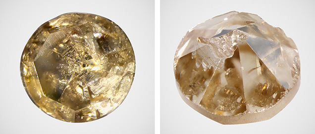 Figure 2. Table (left) and pavilion (right) views of the removed 0.0119 ct melee stone. Photos by Shunsuke Nagai. Figure 2. Table (left) and pavilion (right) views of the removed 0.0119 ct melee stone. Photos by Shunsuke Nagai.