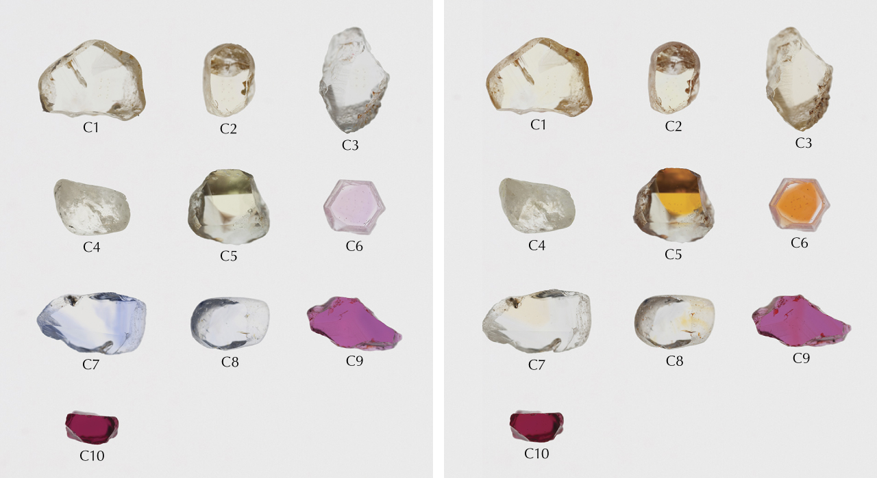 Color-calibrated photo of studied natural corundum crystals from various deposits ranging from 0.44 to 1.28 ct before heating. Photo by Sasithorn Engniwat.