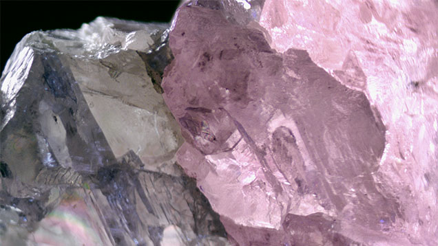 Figure 2. This boundary shows a sharp transition from pink to colorless zones. Photomicrograph by Wanling Tan; field of view 4 mm.
