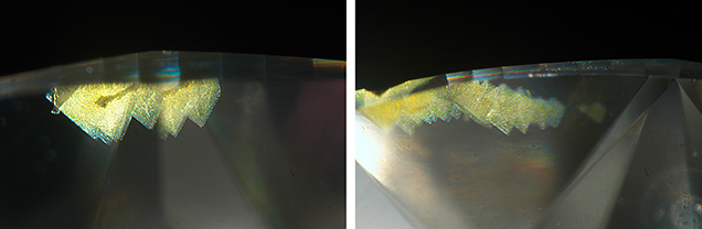 Figure 2. The same clouds appeared as a row of triangular spikes when viewed from a different direction through the pavilion. Photomicrographs by Forozan Zandi; fields of view 1.42 mm (left) and 1.58 mm (right). Figure 2. The same clouds appeared as a row of triangular spikes when viewed from a different direction through the pavilion. Photomicrographs by Forozan Zandi; fields of view 1.42 mm (left) and 1.58 mm (right).