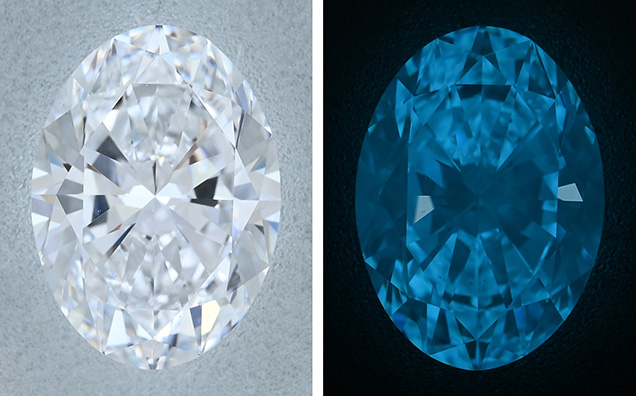 Figure 1. The 2.50 ct diamond under white LED lighting of 6500 K (left) and in a dark environment around 10 s after deep-UV excitation to showcase its phosphorescence (right). Photos by Nick “Ka Chun” Chan. Figure 1. The 2.50 ct diamond under white LED lighting of 6500 K (left) and in a dark environment around 10 s after deep-UV excitation to showcase its phosphorescence (right). Photos by Nick “Ka Chun” Chan.