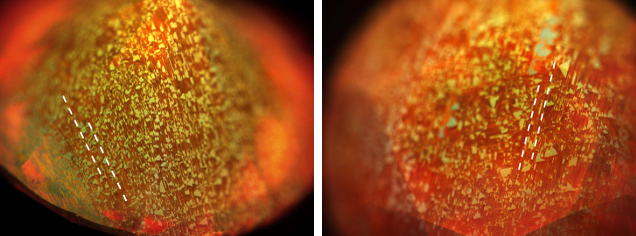 Figure 4. DiamondView images of pavilion and crown facets. The yellow and orange fluorescence, attributed to the NV0 and NV– nitrogen vacancy centers, follows the patterns dictated by the deformation of the crystal structure. Images by Paul Johnson.