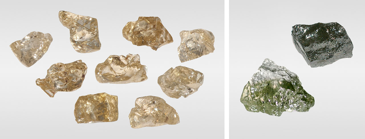 Figure 14. Left: Rough yellow 480 nm band diamonds from the Chidliak kimberlite field in Canada. Right: Rough chameleon diamonds submitted to GIA for analysis. All of these diamonds have irregular morphologies. Photos by Mei Yan Lai (left) and GIA staff (right). Figure 14. Left: Rough yellow 480 nm band diamonds from the Chidliak kimberlite field in Canada. Right: Rough chameleon diamonds submitted to GIA for analysis. All of these diamonds have irregular morphologies. Photos by Mei Yan Lai (left) and GIA staff (right).