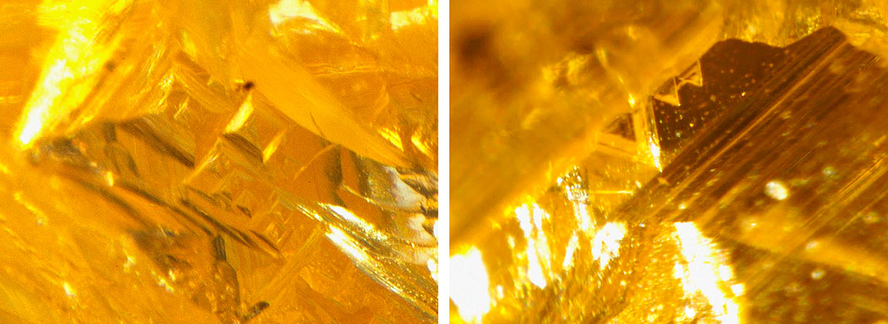 Figure 15. Tetragons (left) and trigons (right) were observed on the same side of this rough 480 nm band diamond, indicating a combination of octahedral and cuboid growth habits. Photomicrographs by Mei Yan Lai; fields of view 2.41 mm (left) and 0.73 mm (right). Figure 15. Tetragons (left) and trigons (right) were observed on the same side of this rough 480 nm band diamond, indicating a combination of octahedral and cuboid growth habits. Photomicrographs by Mei Yan Lai; fields of view 2.41 mm (left) and 0.73 mm (right).
