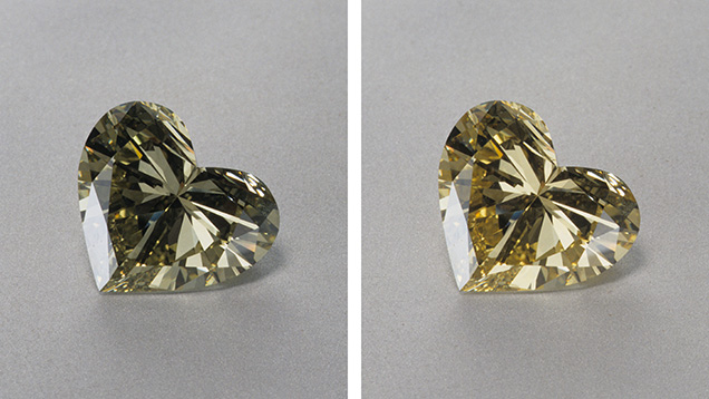 Figure 5. A chameleon diamond changes color from grayish green (left) to yellow (right) after heating. Photos by Robert Weldon. Figure 5. A chameleon diamond changes color from grayish green (left) to yellow (right) after heating. Photos by Robert Weldon.