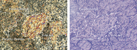 Figure 10. White nephrite sample ELS27 showing a metasomatic pseudomorph microstructure of numerous tiny tremolite grains. Crossed-polarized illumination (left) and reflected darkfield illumination (right). Photomicrographs by Meiyu Shih; field of view 4.18 mm. Figure 10. White nephrite sample ELS27 showing a metasomatic pseudomorph microstructure of numerous tiny tremolite grains. Crossed-polarized illumination (left) and reflected darkfield illumination (right). Photomicrographs by Meiyu Shih; field of view 4.18 mm.
