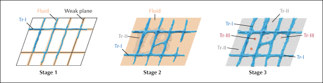 Illustration showing three stages of a process with grids, fluids, and labels for Tr-I, Tr-II, and Tr-III. Illustration showing three stages of a process with grids, fluids, and labels for Tr-I, Tr-II, and Tr-III.