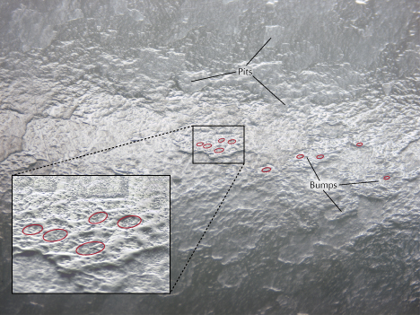 A textured surface with visible pits and bumps, highlighted in red circles. An inset shows a closer view of the features. A textured surface with visible pits and bumps, highlighted in red circles. An inset shows a closer view of the features.