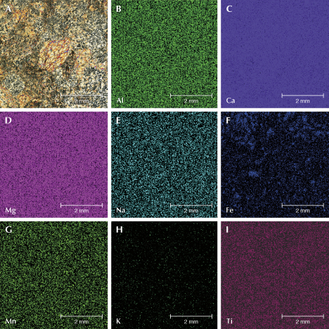 A series of images showing mineral compositions: A is a textured rock, B-I display elemental maps for Al, Ca, Mg, Na, Fe, Mn, K, and Ti. A series of images showing mineral compositions: A is a textured rock, B-I display elemental maps for Al, Ca, Mg, Na, Fe, Mn, K, and Ti.