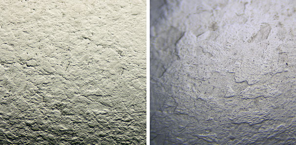 Figure A-1. The orange peel effect on the surface of jadeite from Guatemala (left) and nephrite from Russia (right) viewed under oblique illumination. Photomicrographs by Meiyu Shih; field of view 6 mm. Figure A-1. The orange peel effect on the surface of jadeite from Guatemala (left) and nephrite from Russia (right) viewed under oblique illumination. Photomicrographs by Meiyu Shih; field of view 6 mm.