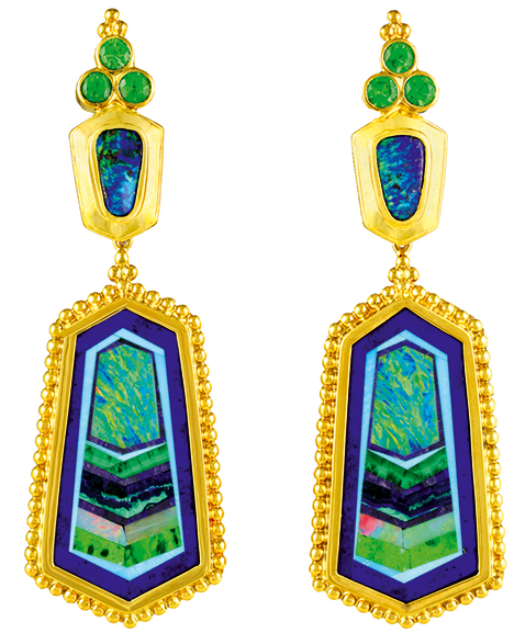 Tsaritsa earrings by Paula Crevoshay.. Figure 3. Tsaritsa earrings. Yellow gold, opal, tsavorite garnet, and azurite/malachite. Photo courtesy of Paula Crevoshay.
