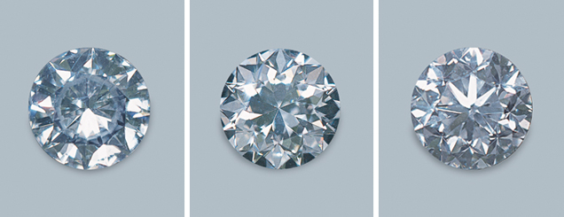 Diamonds with fisheye (left), dark upper-girdle facets (center), and a busy, broken overall pattern (right)
