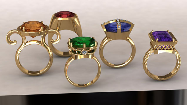 Computer rendering designed by Josh White in the JDT class using tourmalines from the GIA museum. Computer rendering designed by Josh White in the JDT class using tourmalines from the GIA museum.