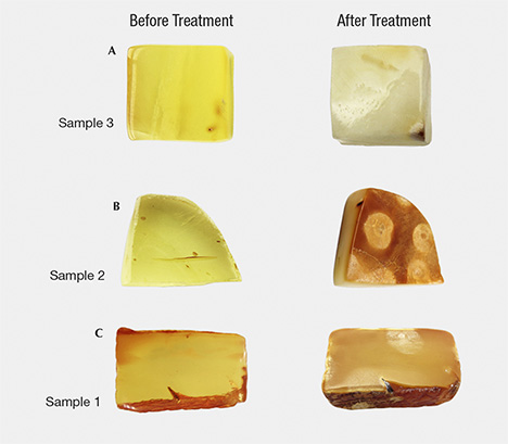 Amber samples before and after hydrothermal treatment Amber samples before and after hydrothermal treatment