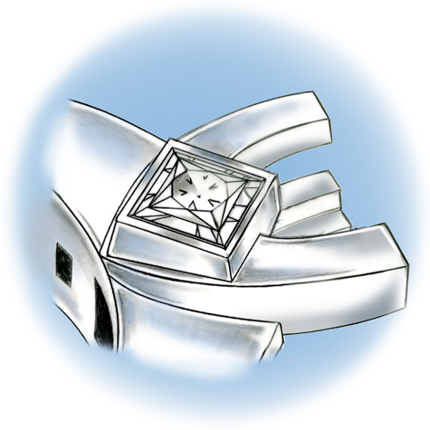 Perspective view of a platinum ring with diamonds set in the shank Perspective view of a platinum ring with diamonds set in the shank