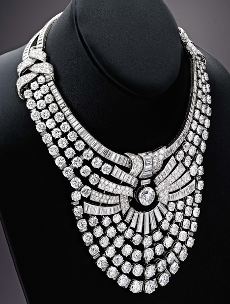Van Cleef & Arpels fashioned this diamond necklace for Queen Nazli of Egypt in the 1930s. Set with more than 600 round and baguette diamonds weighing a total of approximately 217 carats, it sold for $4.3 million. Photo courtesy of Sotheby’s Van Cleef & Arpels fashioned this diamond necklace for Queen Nazli of Egypt in the 1930s. Set with more than 600 round and baguette diamonds weighing a total of approximately 217 carats, it sold for $4.3 million. Photo courtesy of Sotheby’s