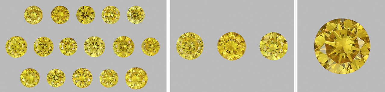 SP16-LN-Fig5-Comp-198732-1280x307.jpg. Figure 2. Of this group of 20 diamond melee, 16 were HPHT synthetics (left). Three were untreated natural diamonds (center), and one was an HPHT-treated natural diamond (right). Photo by Jian Xin (Jae) Liao.