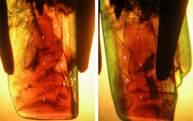 Growth zoning associated with sectorial color zoning in chrysoberyl