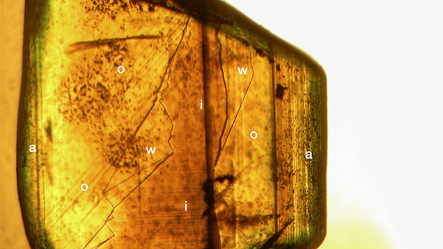 Growth zoning associated with sectorial color zoning in chrysoberyl
