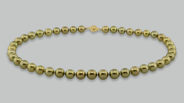 Strand of 43 treated “pistachio” pearls. Figure 1. A graduated strand containing 43 yellowish green (“pistachio”) bead-cultured pearls produced by black-lipped Pinctada margaritifera and treated by Ballerina Pearl Co. The cultured pearls range from 9.13 to 10.80 mm. Photo by Sood Oil (Judy) Chia.