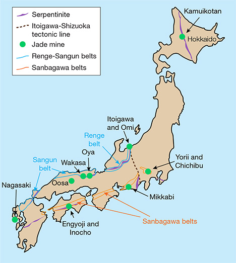 Japanese jadeite localities. Figure 2. Japanese jadeite is found in eight locations, though the only significant source of gem-quality material is the Itoigawa-Omi region in Niigata Prefecture. Modified after Fossa Magna Museum.