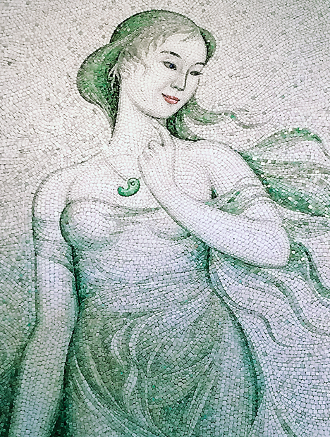 Mosaic painting made with Japanese jadeite. Figure 3. In this mosaic painting, made with pieces of Itoigawa jadeite, the magatama carving is worn by an empress of the ancient state of Koshi, in modern-day Niigata Prefecture. Courtesy of the Jade Ore Museum (Hisui Gensekikan).