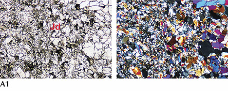 Petrographic microscope images of jadeite from Itoigawa, Japan. Figure 7. Petrographic microscope images of jadeite samples from Itoigawa. The left images are under plane-polarized light, the right images under cross-polarized light. Jd, Preh, Ves, An, and Ti indicate jadeite, prehnite, vesuvianite, analcime, and titanite, respectively. A1: Green jadeite K-IT-JP-14 shows a prismatic-granular crystalloblastic texture, a distribution of fine colorless cryptocrystalline grains of jadeite, and a predominance of grains around 0.05–0.3 mm in size. A2: Coarse pale green grains larger than 2 mm can also be observed in the same matrix, which is a well-formed large jadeite single crystal. The prominent (110) cleavage planes intersecting at 87° are characteristic of pyroxene. B1: Lavender jadeite K-IT-JP-25 shows near-colorless fine and micro-grained jadeite crystals with a prismatic crystalloblastic texture. B2: Ultramylonitic zones with radiating aggregates of fine jadeite grains cut randomly through the center of the matrix, indicating a lithostatic pressure during the metamorphic process. B3: Dark gray prehnite and analcime, the main constituents of the veinlets that cut through this lavender jadeite, were formed by hydrothermal fluids. A high-relief prismatic vesuvianite crystal was also found as a component mineral. C1: K-IT-JP-16 is a predominantly blue specimen, translucent with fine cryptocrystalline grains. C2: Crushed preexisting minerals produce a flow structure with granoblastic and mylonitic texture. The component minerals analcime and a very minor amount of euhedral titanite grains are observed in the matrix. Photomicrographs by Ahmadjan Abduriyim.
