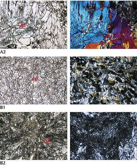 Petrographic microscope images of jadeite from Itoigawa, Japan. Figure 7. Petrographic microscope images of jadeite samples from Itoigawa. The left images are under plane-polarized light, the right images under cross-polarized light. Jd, Preh, Ves, An, and Ti indicate jadeite, prehnite, vesuvianite, analcime, and titanite, respectively. A1: Green jadeite K-IT-JP-14 shows a prismatic-granular crystalloblastic texture, a distribution of fine colorless cryptocrystalline grains of jadeite, and a predominance of grains around 0.05–0.3 mm in size. A2: Coarse pale green grains larger than 2 mm can also be observed in the same matrix, which is a well-formed large jadeite single crystal. The prominent (110) cleavage planes intersecting at 87° are characteristic of pyroxene. B1: Lavender jadeite K-IT-JP-25 shows near-colorless fine and micro-grained jadeite crystals with a prismatic crystalloblastic texture. B2: Ultramylonitic zones with radiating aggregates of fine jadeite grains cut randomly through the center of the matrix, indicating a lithostatic pressure during the metamorphic process. B3: Dark gray prehnite and analcime, the main constituents of the veinlets that cut through this lavender jadeite, were formed by hydrothermal fluids. A high-relief prismatic vesuvianite crystal was also found as a component mineral. C1: K-IT-JP-16 is a predominantly blue specimen, translucent with fine cryptocrystalline grains. C2: Crushed preexisting minerals produce a flow structure with granoblastic and mylonitic texture. The component minerals analcime and a very minor amount of euhedral titanite grains are observed in the matrix. Photomicrographs by Ahmadjan Abduriyim.