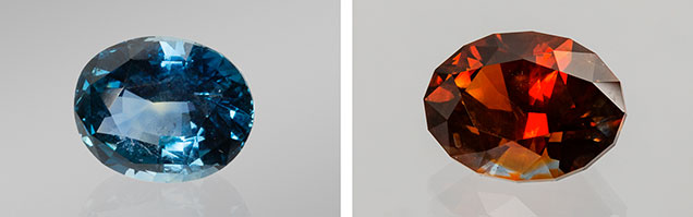 Blue and orange sapphires from Rock Creek.. Figure 1. This 12.61 ct blue sapphire and 7.90 ct orange sapphire recently mined by Potentate show that large material still comes out of Rock Creek, Montana. Photo by Eric Welch/GIA, courtesy of Potentate Mining.