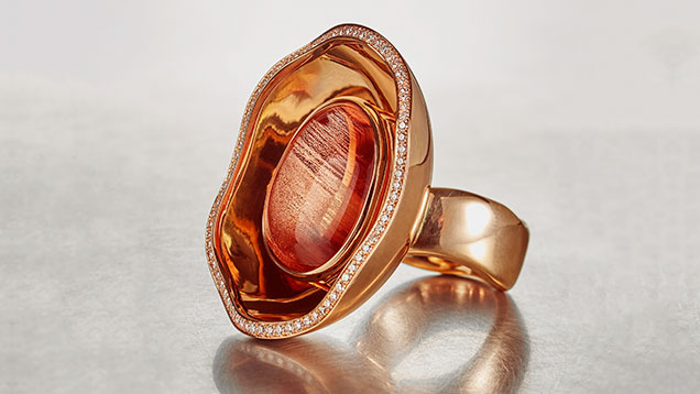 Freeform Oregon sunstone set in ring. Freeform Oregon sunstone set in ring.