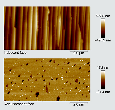 Atomic force microscopy images of iridescent and non-iridescent faces in quartz Atomic force microscopy images of iridescent and non-iridescent faces in quartz
