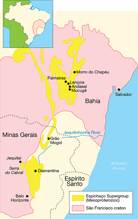Map of the São Francisco craton. Figure 19. A simplified map of the São Francisco craton, showing the areas covered by sediments of the geological formation called the Espinhaço Supergroup. The locations of several diamond districts are also shown, including Diamantina, Grão Mogol, and Serra do Cabral in Minas Gerais, and the Chapada Diamantina region (Lençóis, Palmeiras, Andaraí, Mucugê and Morro do Chapéu) in Bahia.
