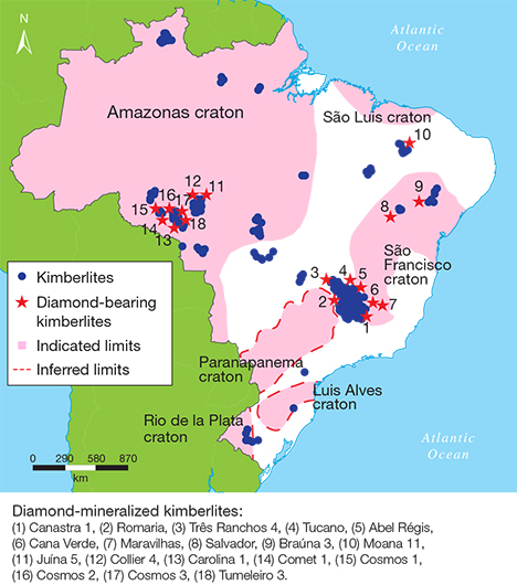 Distribution of Brazilian kimberlites. Figure 21. The distribution of kimberlites in the cratonic areas of Brazil. According to Companhia de Pesquisa de Recursos Minerais (2004), there are there are 1,212 known kimberlite bodies distributed throughout the country, most of them concentrated in the Alto Paranaíba region of Minas Gerais.