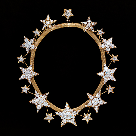 Necklace with “Old Mine” cut Brazilian diamonds. Figure 7. This star motif necklace with “Old Mine” cut Brazilian diamonds was made in 1865. Photo by Luisa Oliveira, courtesy of Ajuda National Palace.